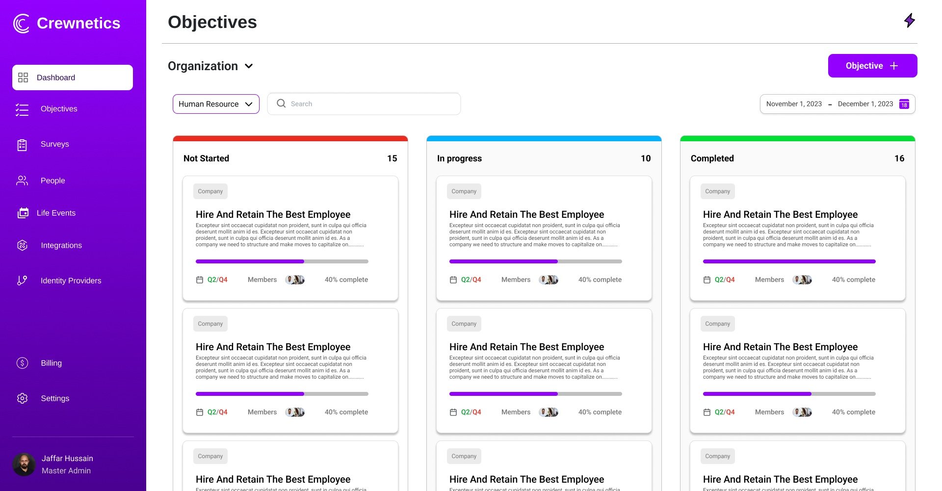 Crewnetics Objectives screen showing OKR tracking and progress