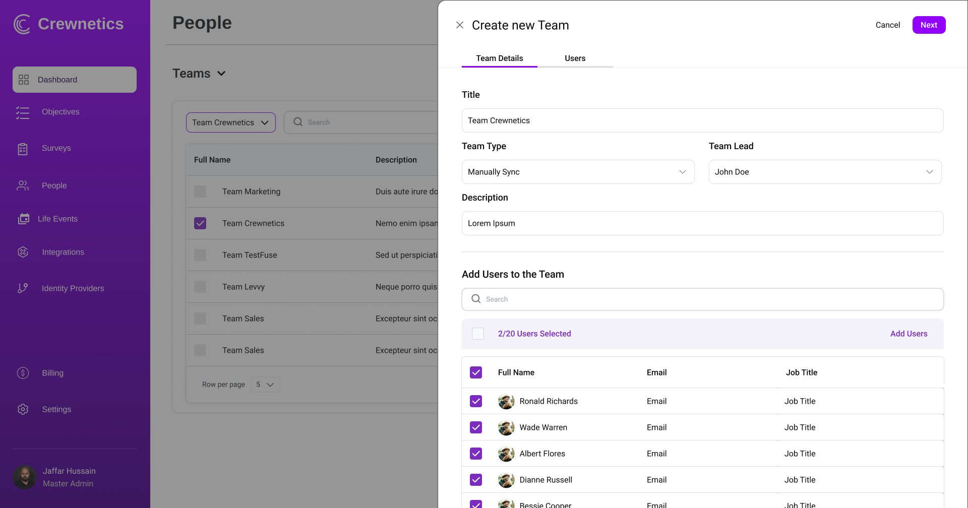 Crewnetics People screen showing team management with members and details