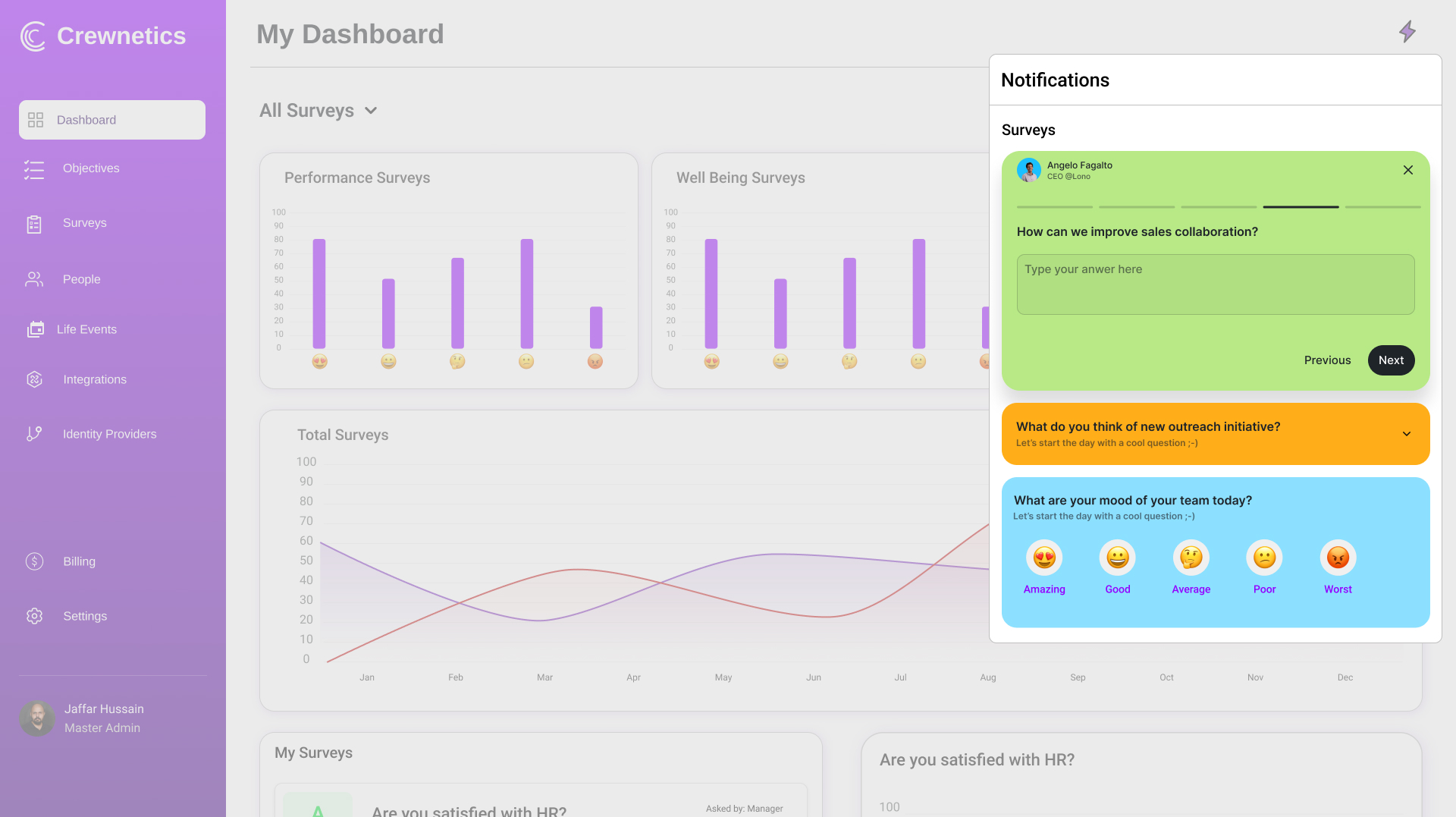 Crewnetics Surveys screen showing micro-survey questions about platform experience